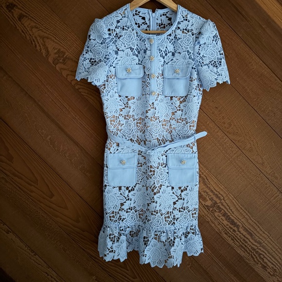 Self Portrait Pale Blue Lace Rhinestone Embellished Mini Dress - Picture 6 of 8